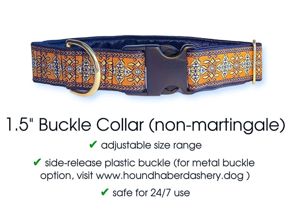 Cashel Jacquard in Orange, Navy Blue and Metallic Gold - Martingale or Buckle Dog Collar - 1.5" Width