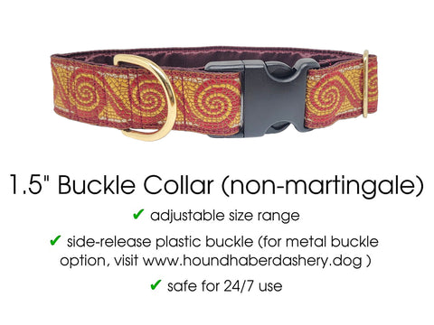 Premade & Ready to Ship: 1.5" Wide Burgundy Mosaic Wave Buckle Dog Collar (Size MEDIUM, Brass)