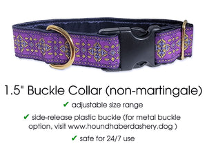 Cashel Jacquard in Purple and Metallic Gold - Martingale or Buckle Dog Collar - 1.5" Width