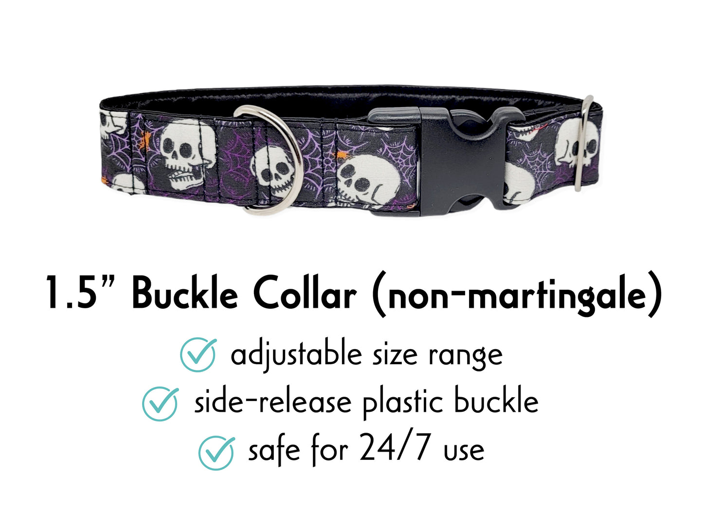 1.5 Inch Wide Spooky Skulls Buckle Dog Collar by The Hound Haberdashery