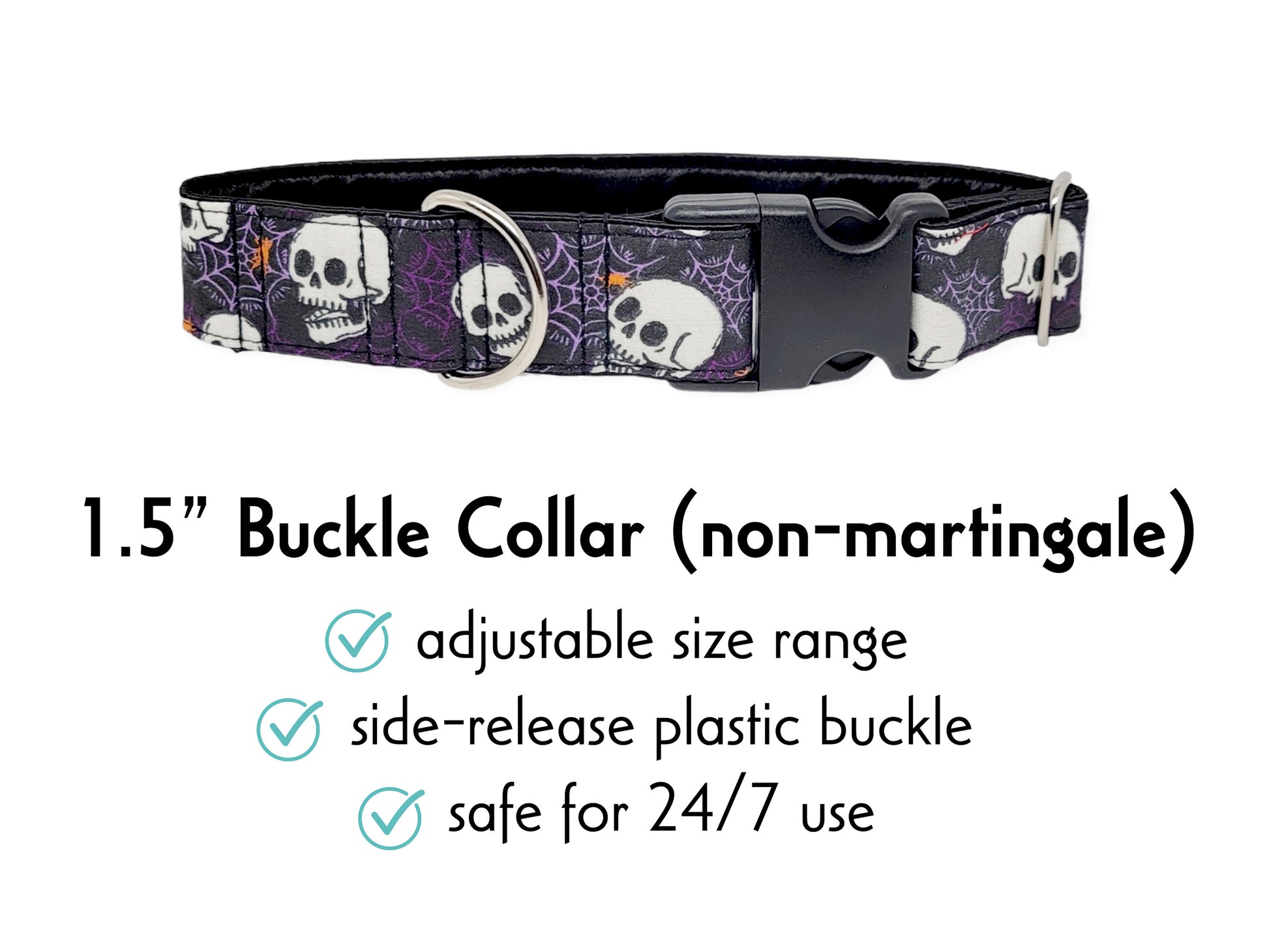 1.5 Inch Wide Spooky Skulls Buckle Dog Collar by The Hound Haberdashery