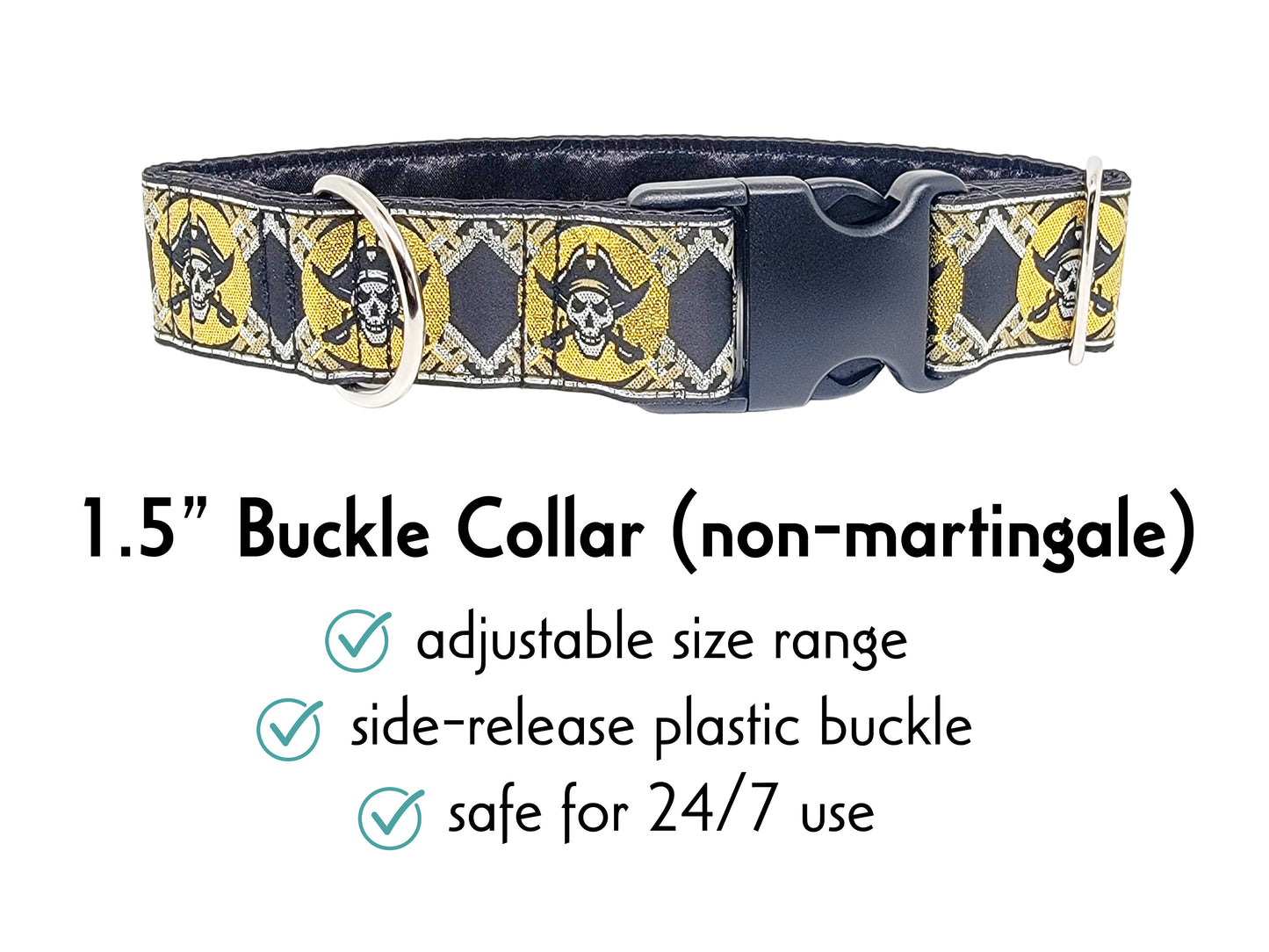 1.5 Inch Wide Gold, Silver Pirates Buckle Dog Collar by The Hound Haberdashery