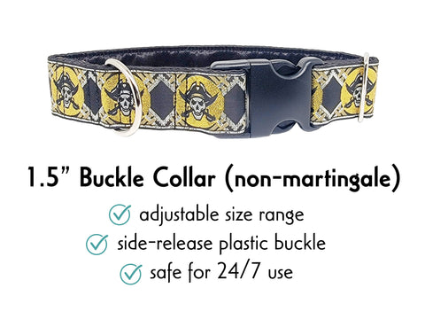 Premade & Ready to Ship: 1.5" Wide Gold & Silver Pirates Buckle Dog Collar (Size MEDIUM, Nickel-Plated)