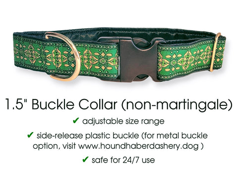 Premade & Ready to Ship: 1.5" Wide Green Cashel Buckle Dog Collar (Size LARGE, Brass)