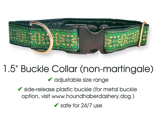 Cashel Jacquard in Green and Metallic Gold - Martingale or Buckle Dog Collar - 1.5" Width