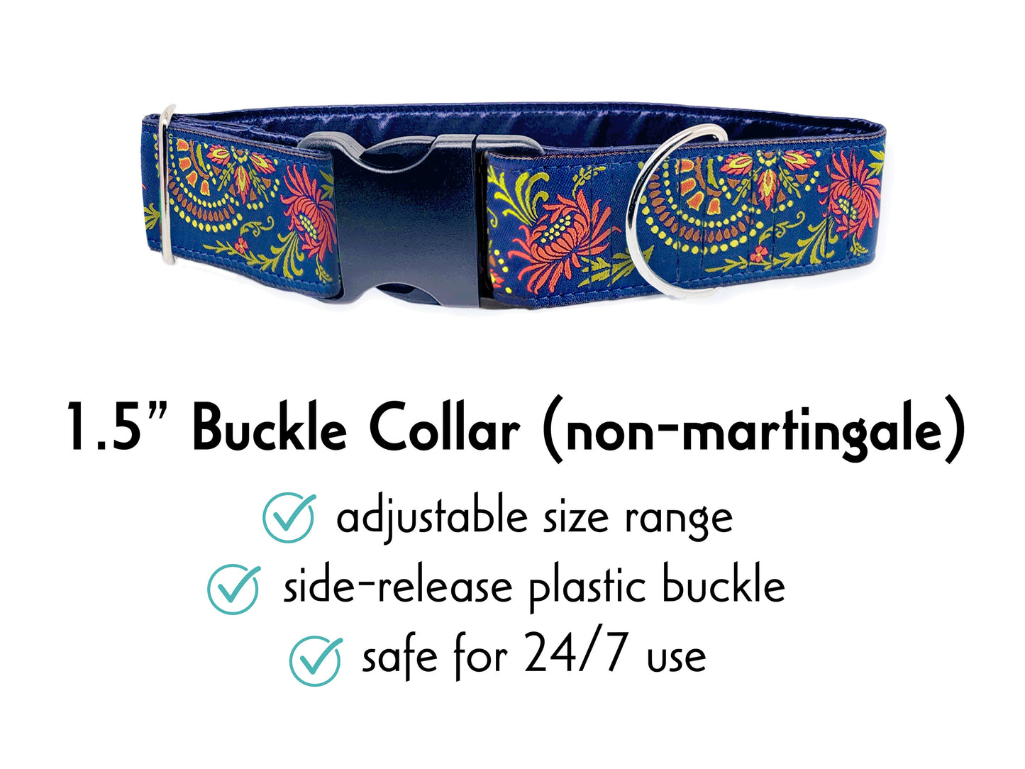 1.5 Inch Wide Navy Blue Flower Burst Buckle Dog Collar by The Hound Haberdashery