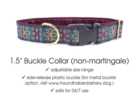 Premade & Ready to Ship: 1.5" Wide Plum & Teal Blarney Buckle Dog Collar (Size LARGE, Brass)