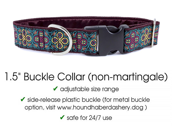 Blarney Jacquard in Sangria, Teal & Gold - Martingale Dog Collar or Buckle Dog Collar - 1.5" Width
