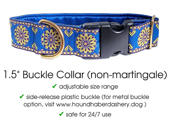 Sunburst Jacquard in Blue, Chartreuse & Metallic Gold - Martingale or Buckle Dog Collar - 1.5" Width