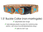 Load image into Gallery viewer, Sunburst Jacquard in Turquoise, Orange &amp; Metallic Gold - Martingale or Buckle Dog Collar - 1.5&quot; Width
