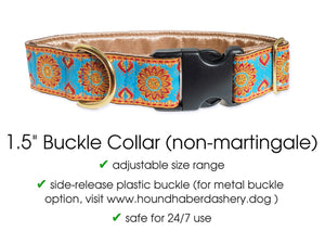 Sunburst Jacquard in Turquoise, Orange & Metallic Gold - Martingale or Buckle Dog Collar - 1.5" Width