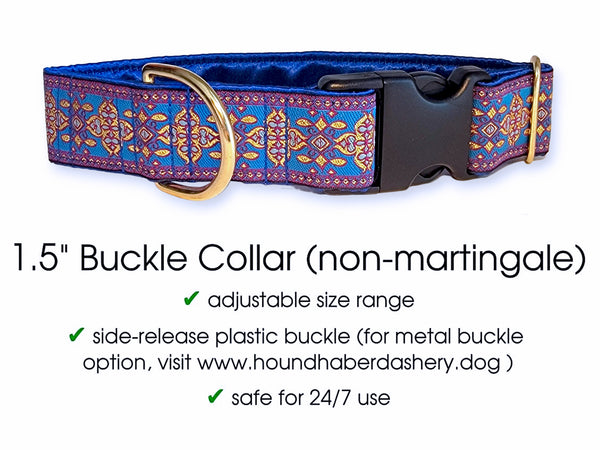 Cashel Jacquard in Royal Blue, Pink and Metallic Gold - Martingale or Buckle Dog Collar - 1.5" Width