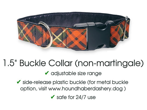 Premade & Ready to Ship: 1.5" Wide Fall Plaid Buckle Dog Collar (Size MEDIUM, Nickel-Plated)