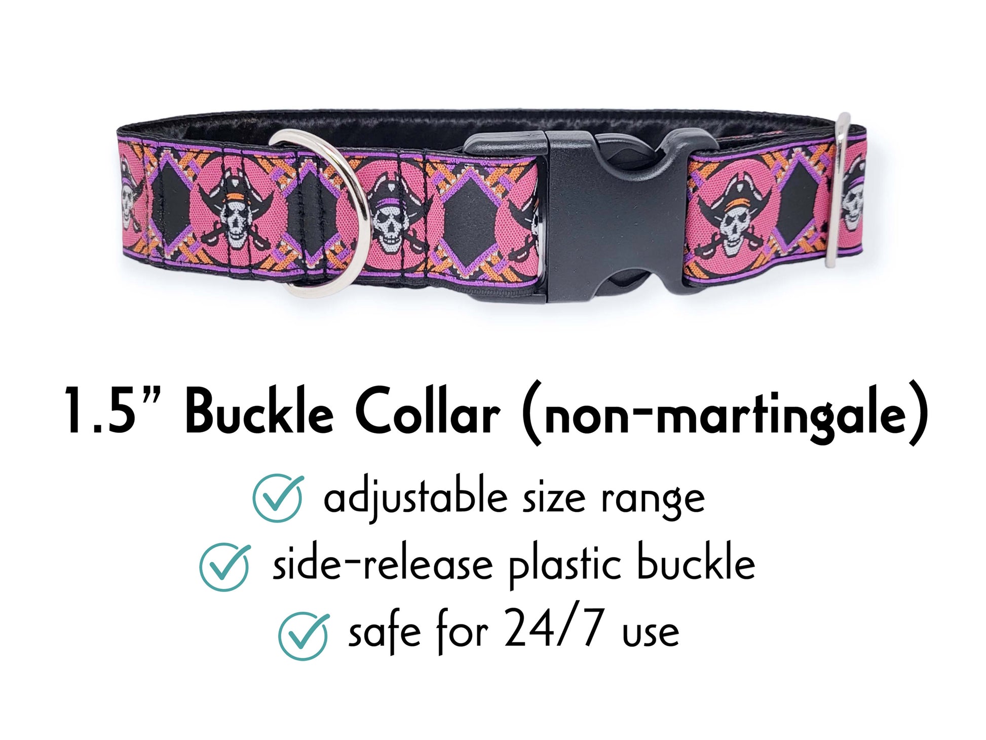 1.5 Inch Wide Pink Pirates Buckle Dog Collar by The Hound Haberdashery
