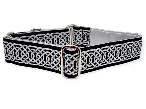 Wexford Jacquard in Metallic Silver & Black - Martingale Dog Collar or Buckle Dog Collar - 1.5" Width