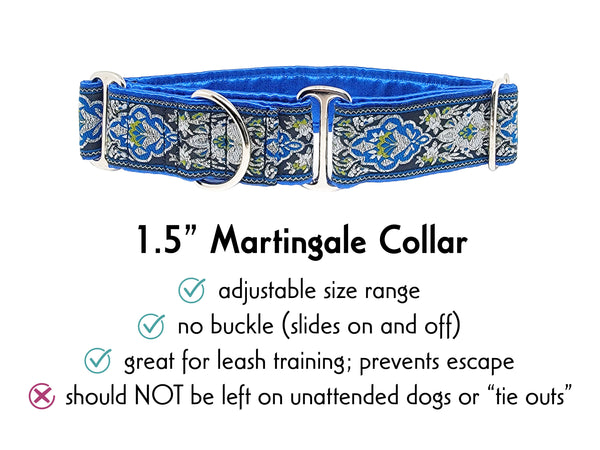 Salzburg in Blue & Silver - Martingale Dog Collar or Buckle Dog Collar - 1.5" Width