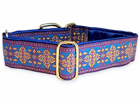 Cashel Jacquard in Royal Blue, Pink and Metallic Gold - Martingale or Buckle Dog Collar - 1.5" Width