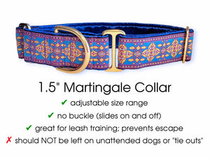 Cashel Jacquard in Royal Blue, Pink and Metallic Gold - Martingale or Buckle Dog Collar - 1.5" Width