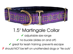 Cashel Jacquard in Purple and Metallic Gold - Martingale or Buckle Dog Collar - 1.5" Width