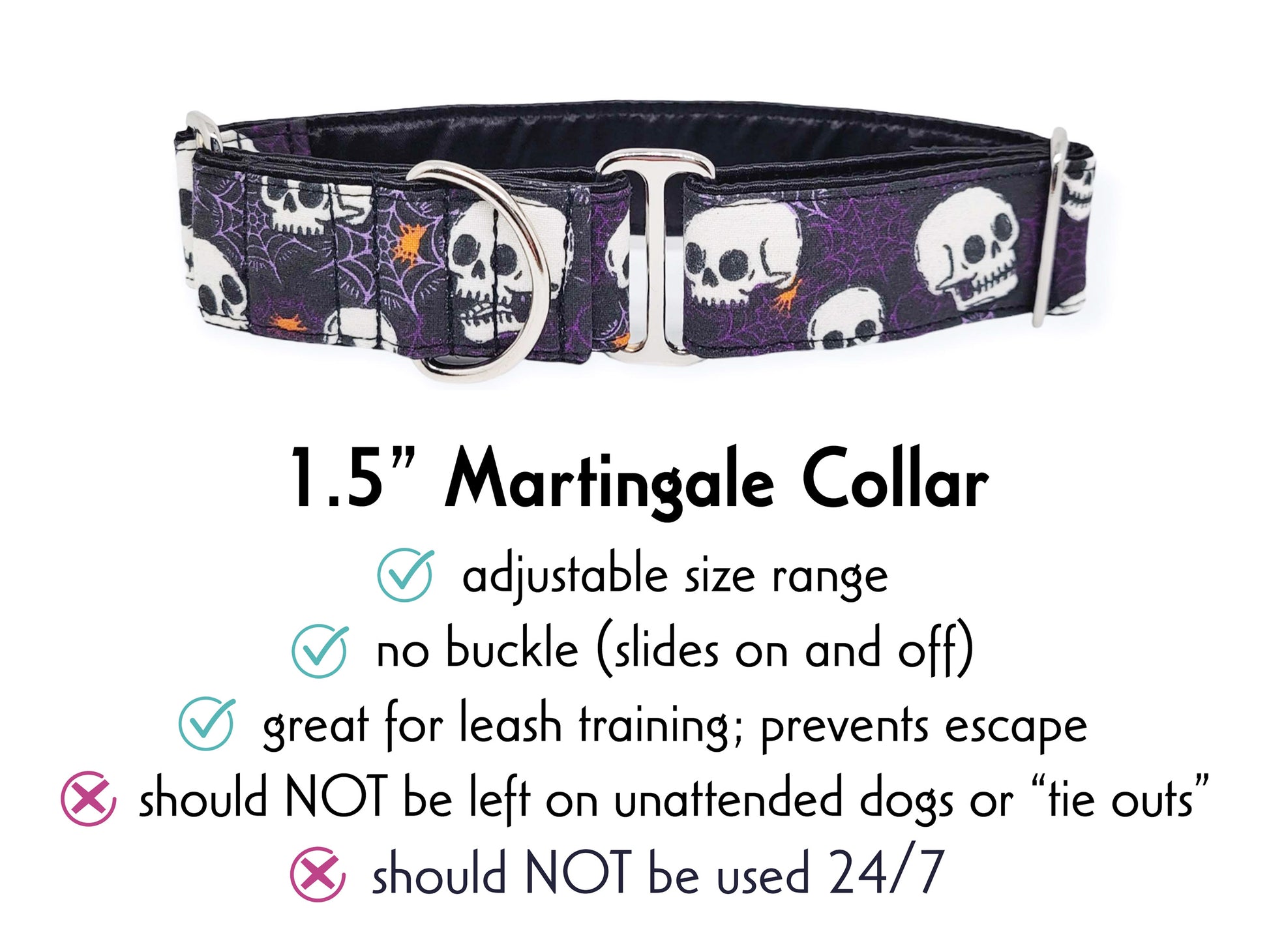 1.5 Inch Wide Spooky Skulls Martingale Dog Collar by The Hound Haberdashery