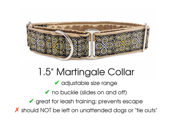 Blarney Jacquard in Gold & Silver - Martingale Dog Collar or Buckle Dog Collar - 1.5" Width