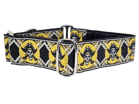 Pirates in Metallic Gold & Silver - Martingale Dog Collar or Buckle Dog Collar - 1.5" Width
