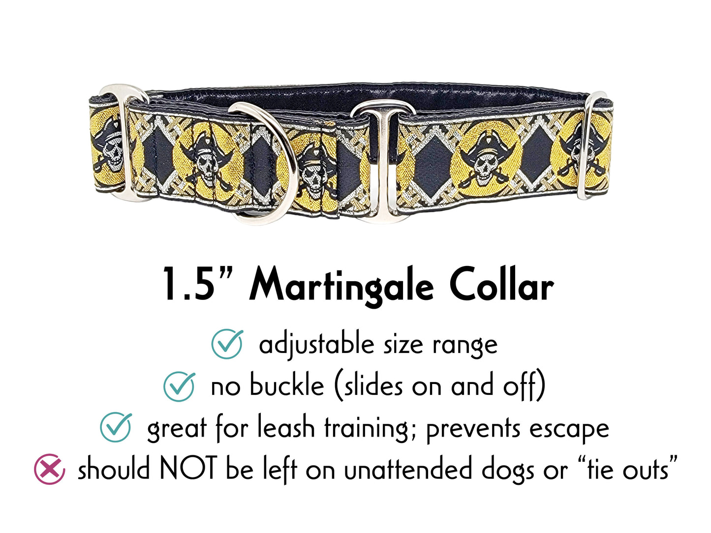 1.5 Inch Wide Gold, Silver Pirates Martingale Dog Collar by The Hound Haberdashery