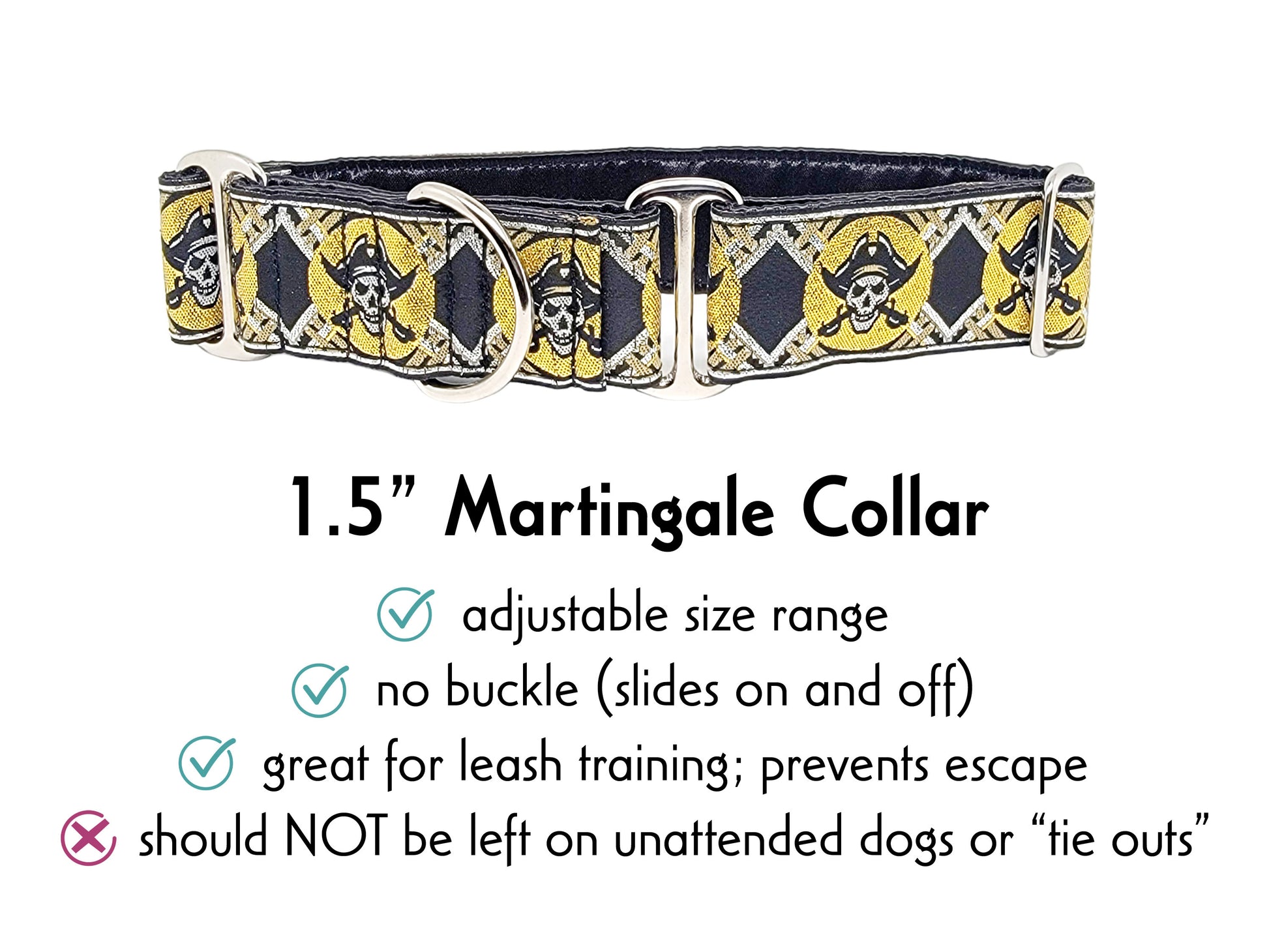 1.5 Inch Wide Gold, Silver Pirates Martingale Dog Collar by The Hound Haberdashery