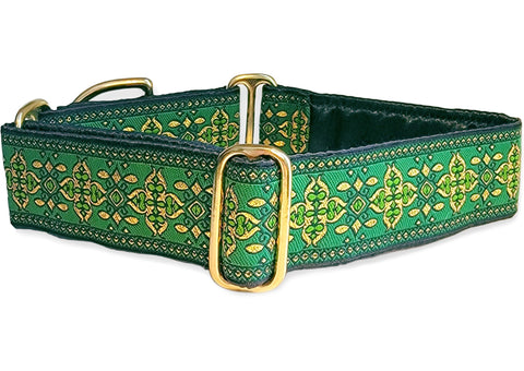 Cashel Jacquard in Green and Metallic Gold - Martingale or Buckle Dog Collar - 1.5" Width