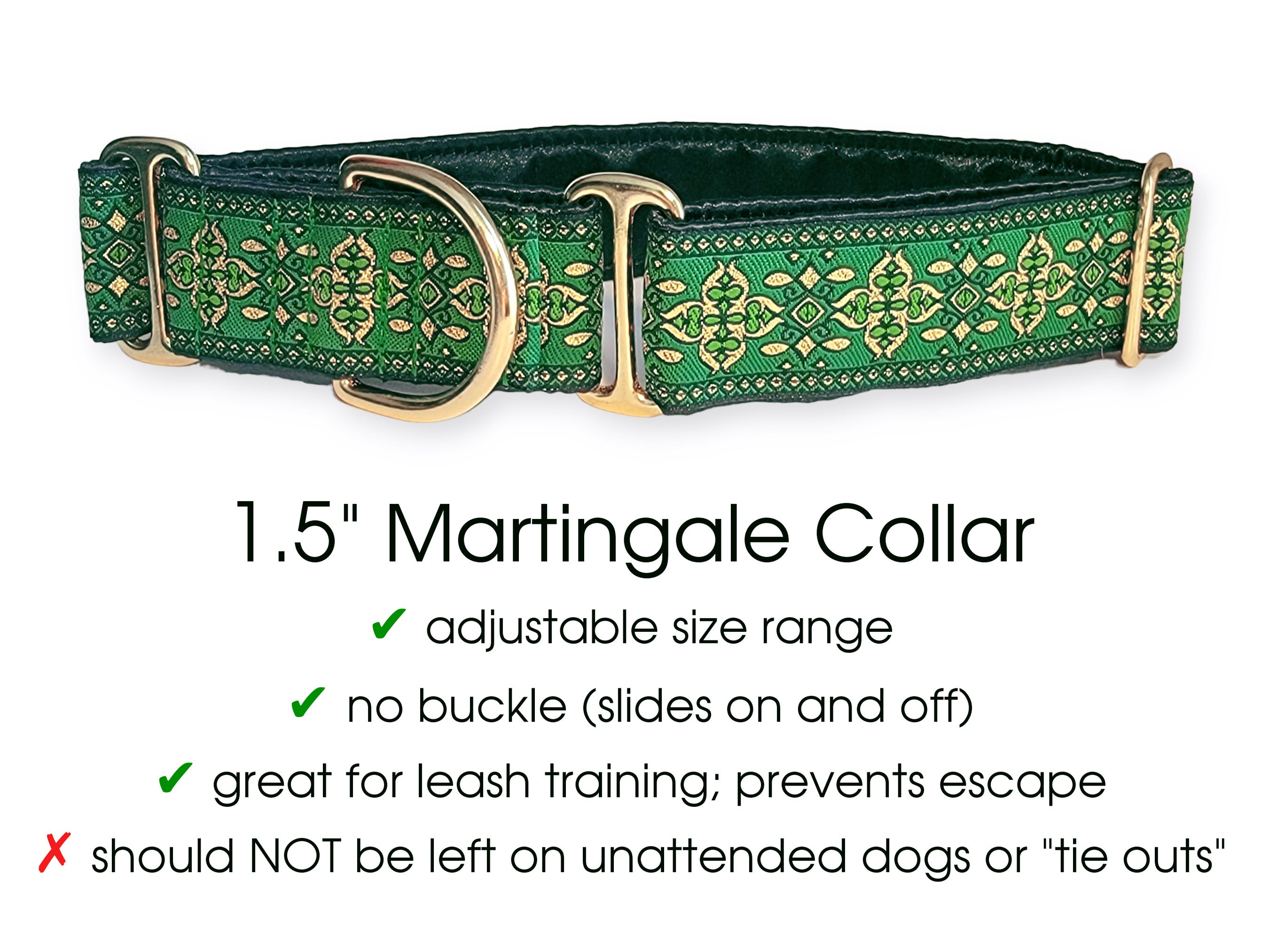 Cashel Jacquard in Green and Metallic Gold - Martingale or Buckle Dog Collar - 1.5" Width
