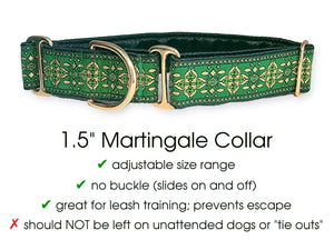 Cashel Jacquard in Green and Metallic Gold - Martingale or Buckle Dog Collar - 1.5" Width