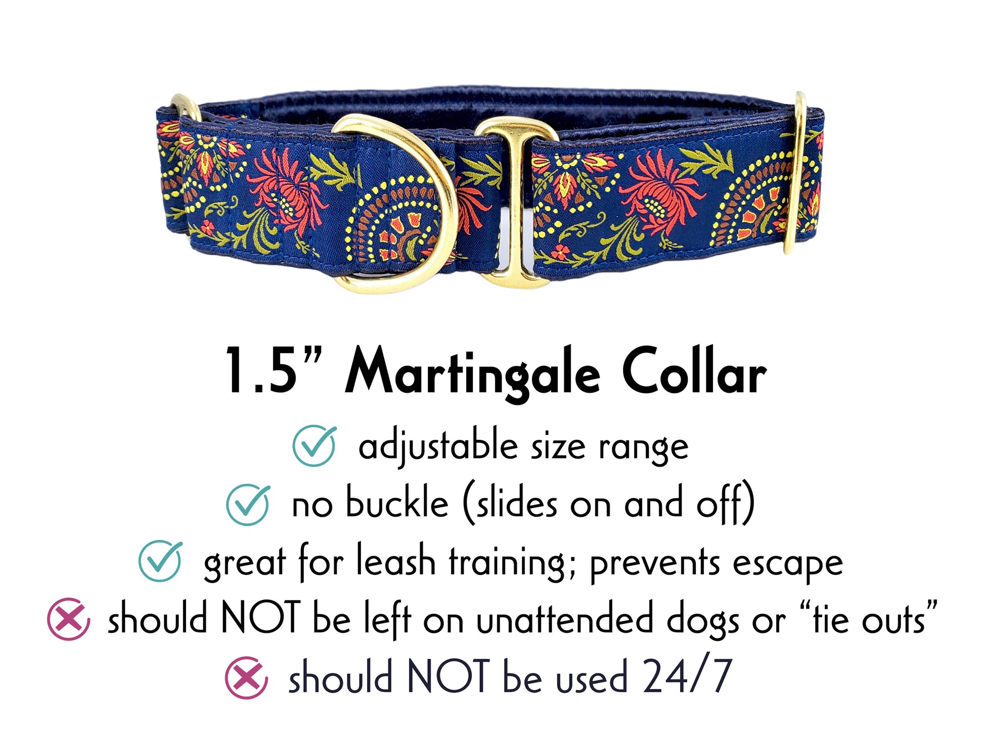1.5 Inch Wide Navy Blue Flower Burst Martingale Dog Collar by The Hound Haberdashery