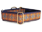 Load image into Gallery viewer, Cashel Jacquard in Orange, Navy Blue and Metallic Gold - Martingale or Buckle Dog Collar - 1.5&quot; Width
