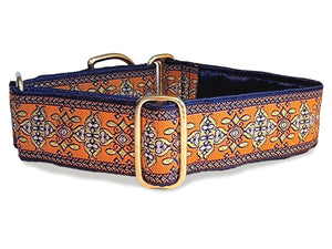 Cashel Jacquard in Orange, Navy Blue and Metallic Gold - Martingale or Buckle Dog Collar - 1.5" Width