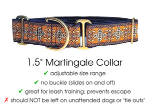 Cashel Jacquard in Orange, Navy Blue and Metallic Gold - Martingale or Buckle Dog Collar - 1.5" Width