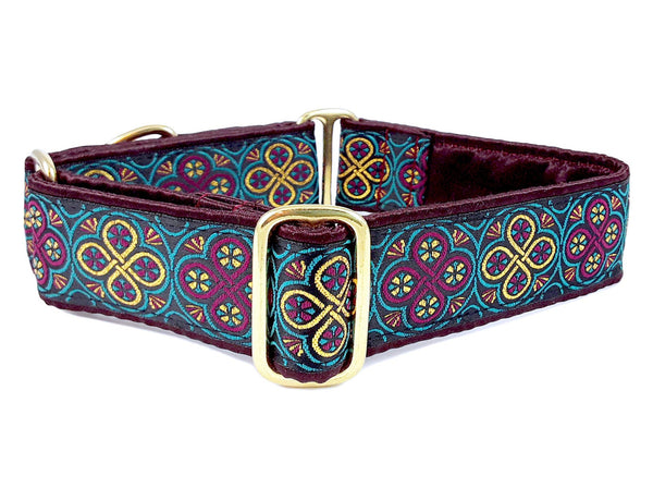 Blarney Jacquard in Sangria, Teal & Gold - Martingale Dog Collar or Buckle Dog Collar - 1.5" Width