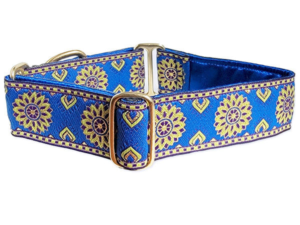 Sunburst Jacquard in Blue, Chartreuse & Metallic Gold - Martingale or Buckle Dog Collar - 1.5" Width