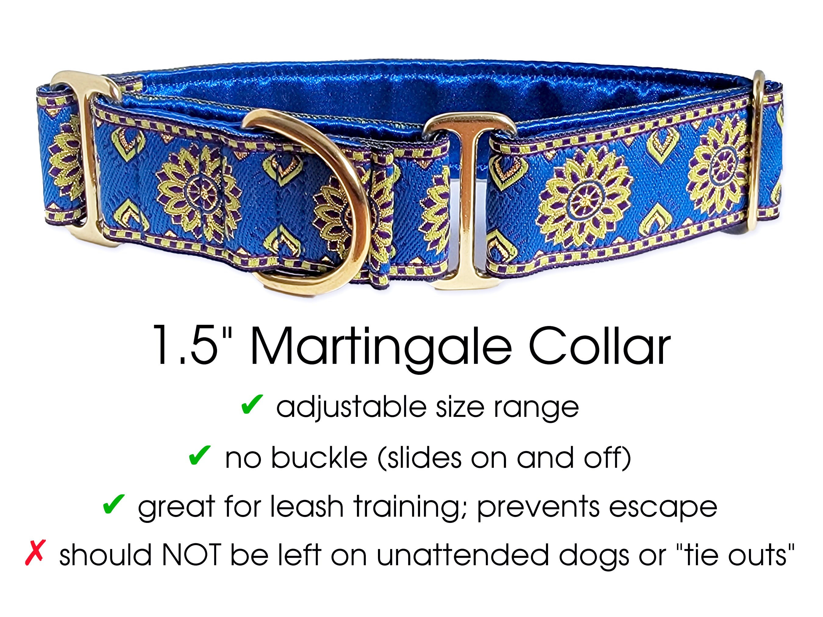 Sunburst Jacquard in Blue, Chartreuse & Metallic Gold - Martingale or Buckle Dog Collar - 1.5" Width