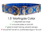 Load image into Gallery viewer, Sunburst Jacquard in Blue, Chartreuse &amp; Metallic Gold - Martingale or Buckle Dog Collar - 1.5&quot; Width
