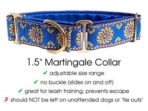 Sunburst Jacquard in Blue, Chartreuse & Metallic Gold - Martingale or Buckle Dog Collar - 1.5" Width