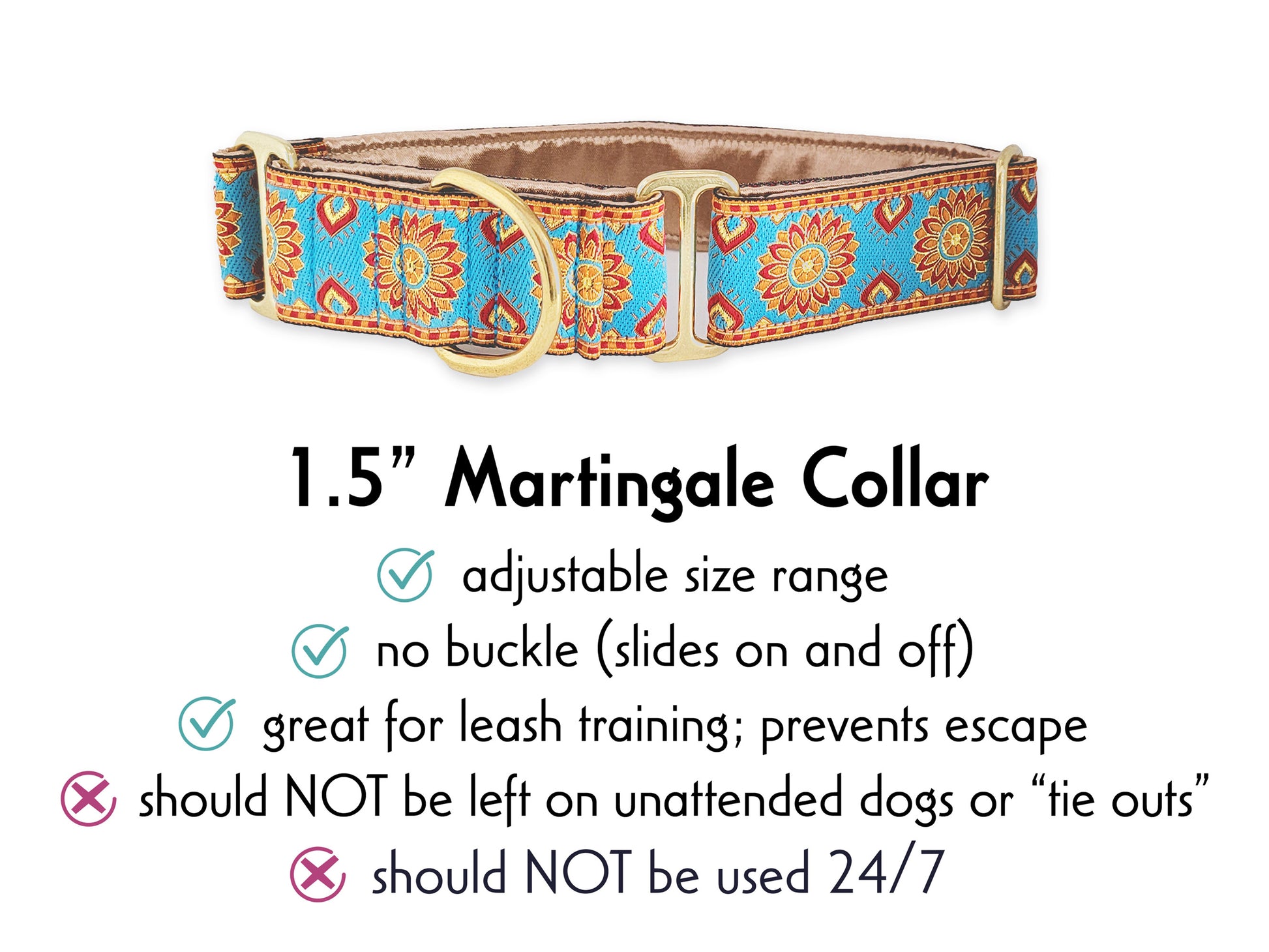 1.5 Inch Wide Turquoise, Orange Sunburst Martingale Dog Collar by The Hound Haberdashery