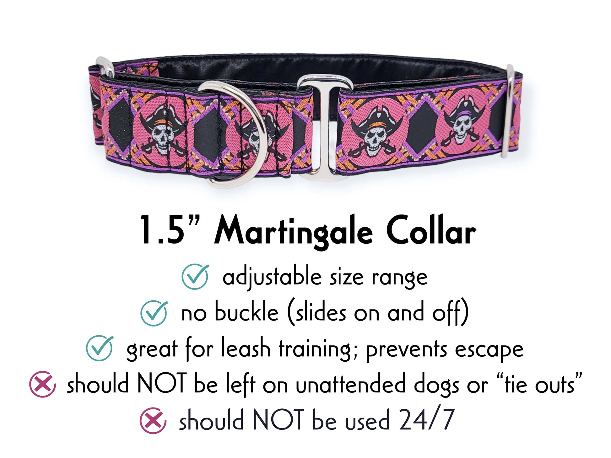 1.5 Inch Wide Pink Pirates Martingale Dog Collar by The Hound Haberdashery