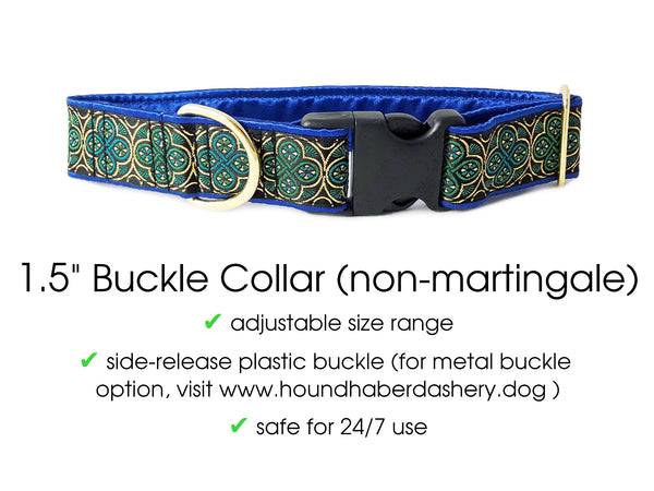 Blarney Jacquard in Green, Teal & Blue - Martingale Dog Collar or Buckle Dog Collar - 1.5" Width