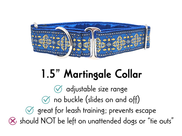 Cashel Jacquard in Royal Blue & Metallic Gold - Martingale or Buckle Dog Collar - 1.5" Width