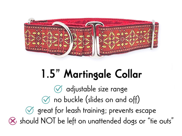 Cashel Jacquard in Red & Metallic Gold - Martingale or Buckle Dog Collar - 1.5" Width