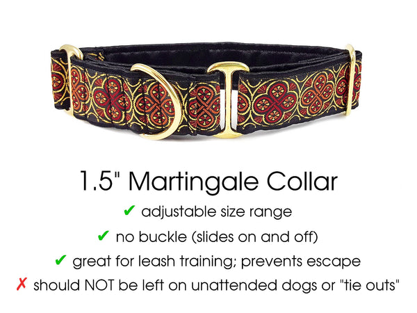 Blarney Jacquard in Black, Red & Orange - Martingale Dog Collar or Buckle Dog Collar - 1.5" Width