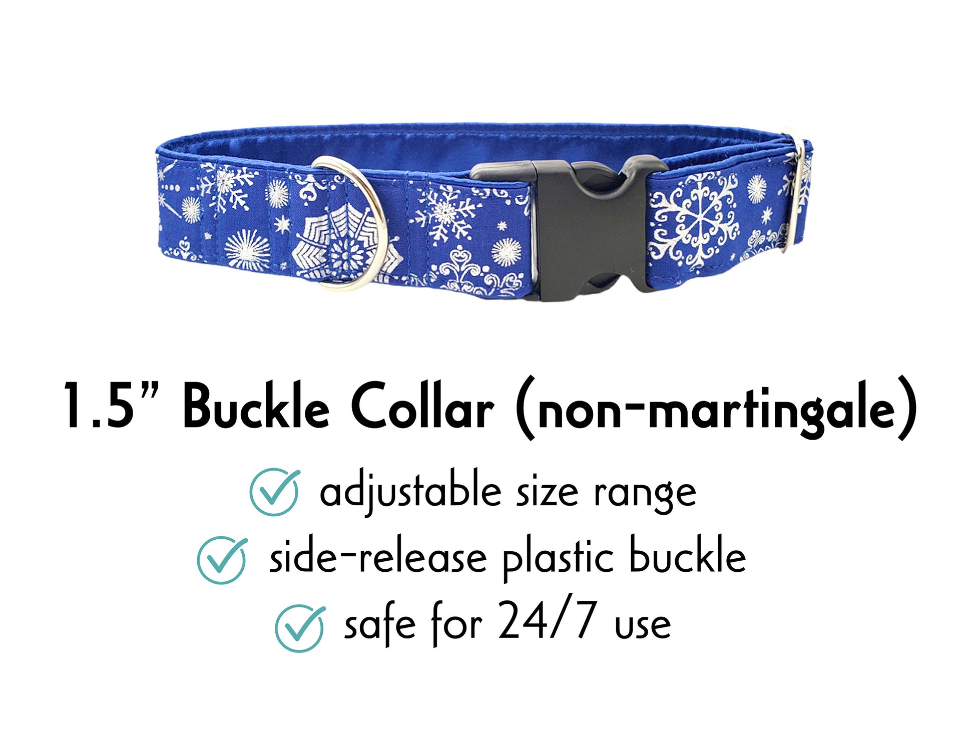 1.5 Inch Wide Blue, Silver Snowflakes Buckle Dog Collar by The Hound Haberdashery