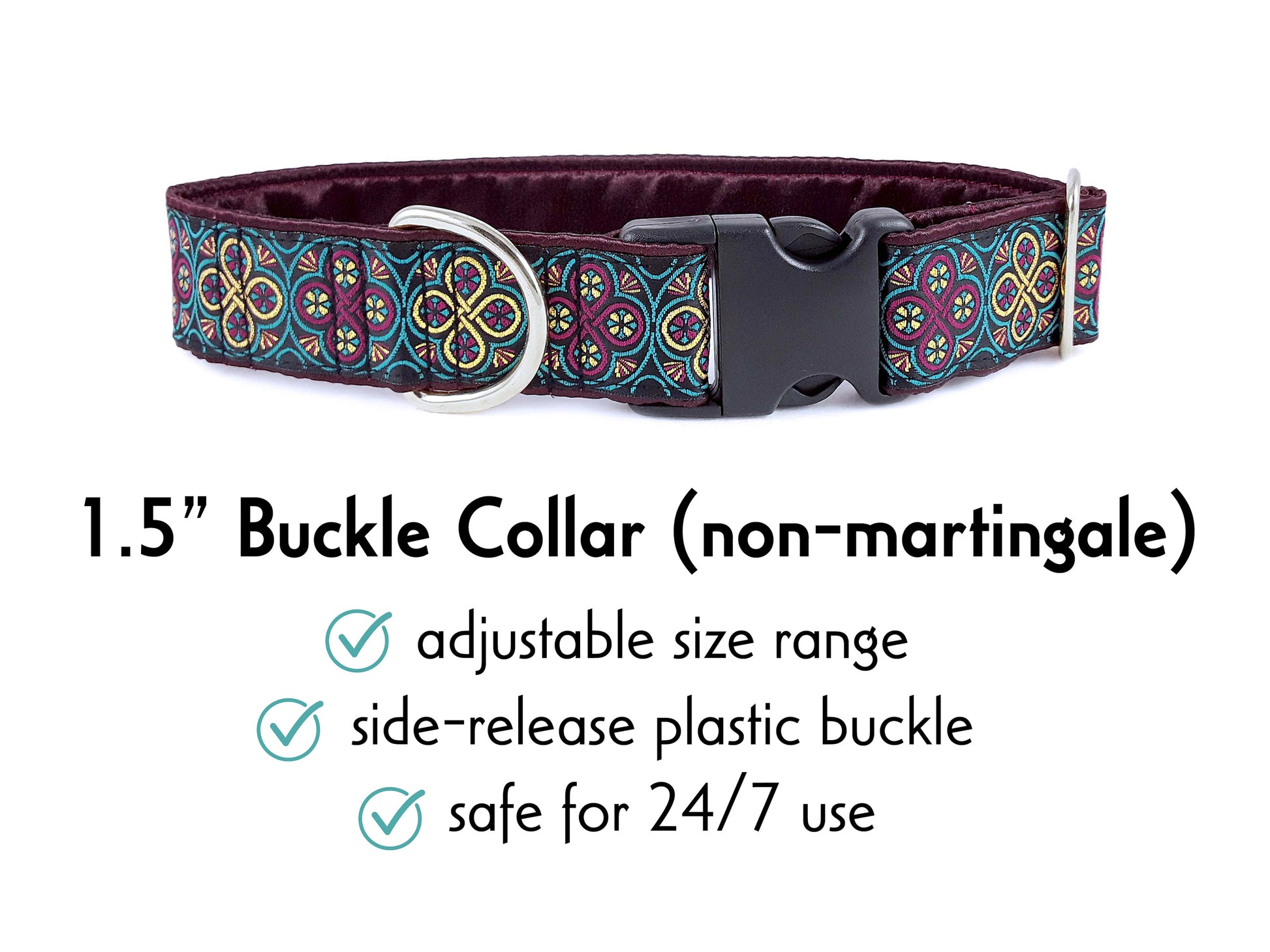 1.5 Inch Wide Plum, Teal Blarney Buckle Dog Collar by The Hound Haberdashery