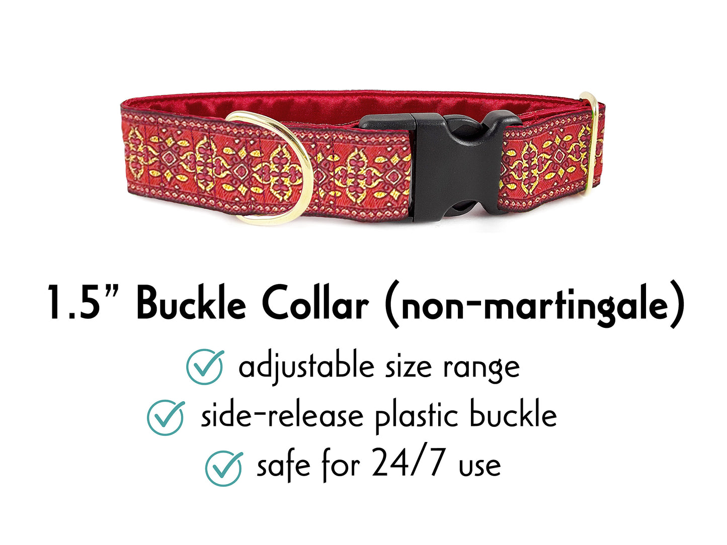 1.5 Inch Wide Red, Gold Cashel Buckle Dog Collar by The Hound Haberdashery