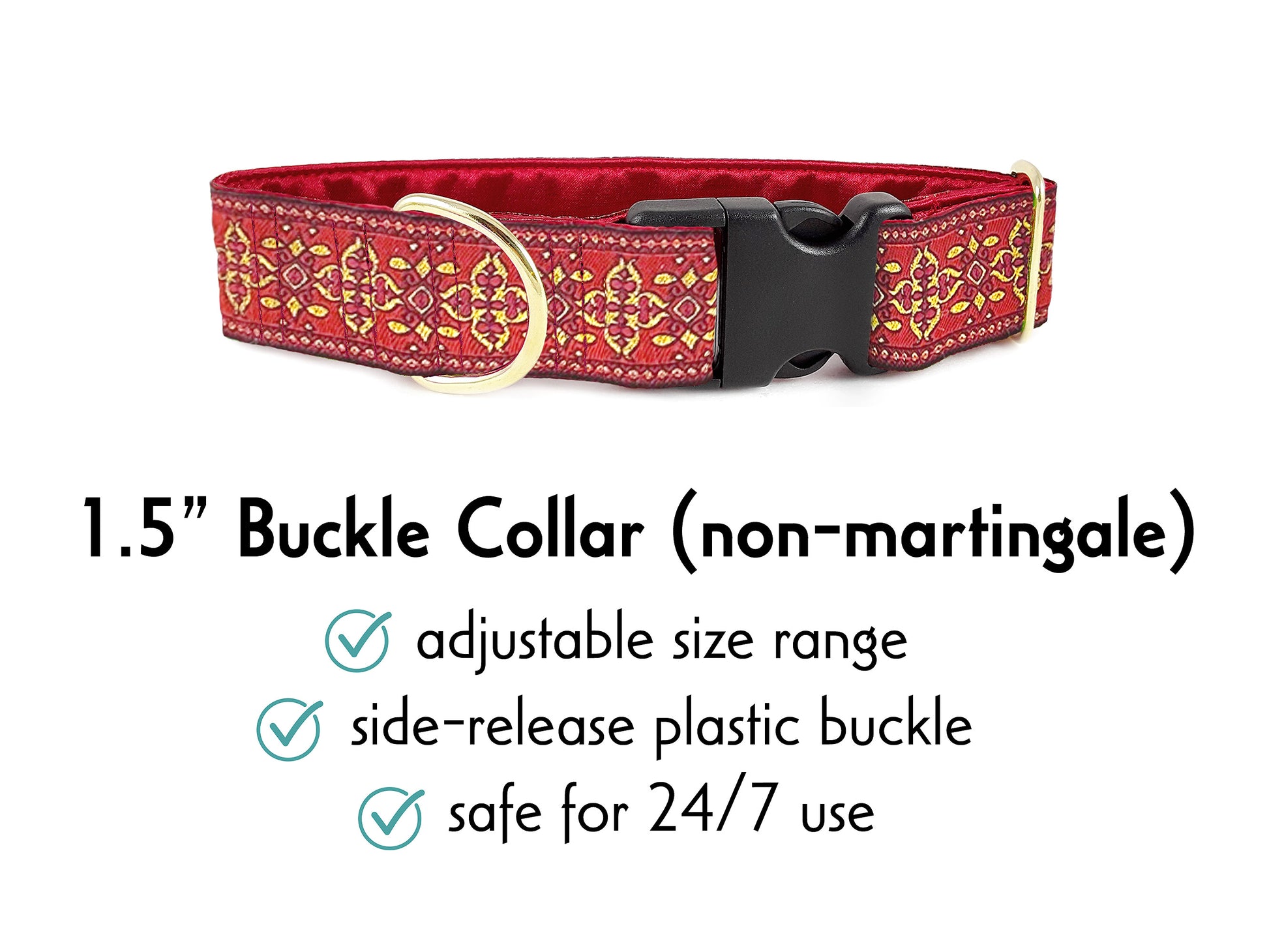1.5 Inch Wide Red, Gold Cashel Buckle Dog Collar by The Hound Haberdashery